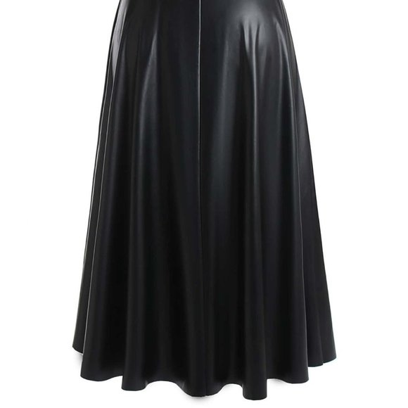 Black Preppy Womens Plus Solid PU Leather Flare Skirt - Picture 3 of 5